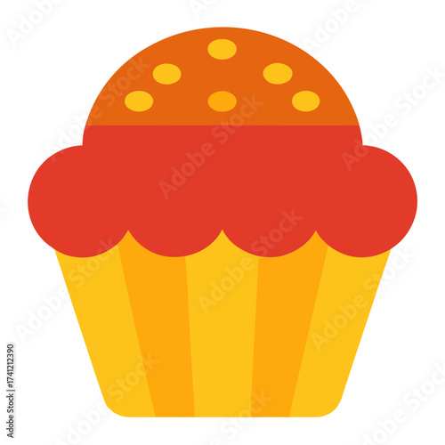 Stylized cupcake with orange frosting and yellow wrapper isolated on white background
