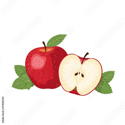 A whole red apple next to a cut half revealing seeds and white flesh surrounded by green leaves.