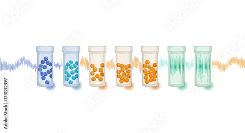 Colorful sound waves and pill bottles depicting medication and music connection