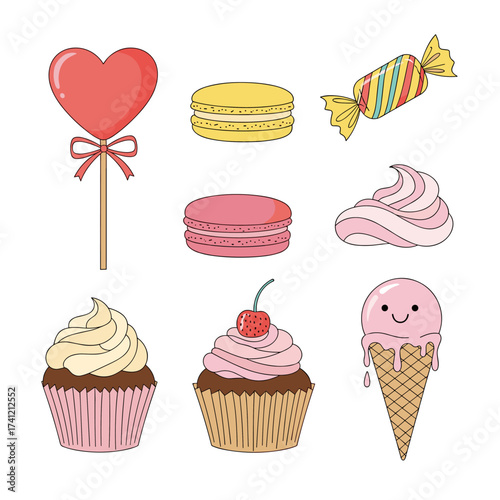 A delightful collection of sweet treats including a heart lollipop macarons cupcakes and an ice cream cone.
