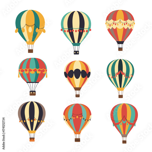 A collection of colorful hot air balloons in various patterns and designs for flights.