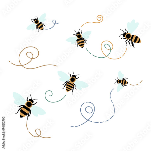 Several cartoon bees flying with swirly lines around them.