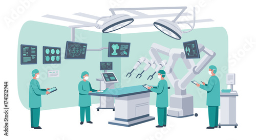 Advanced robotic surgery room with medical team and high-tech equipment in fl…