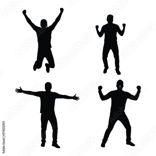 Dynamic silhouette figures celebrating joyful achievements and success in various energetic poses silhouette