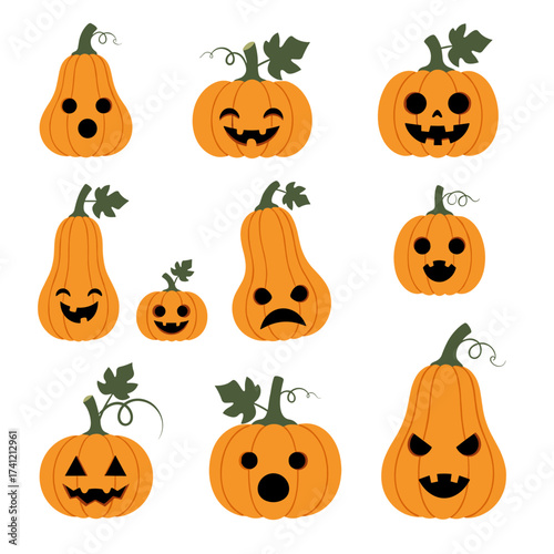 A collection of various carved pumpkins with different expressions for Halloween celebrations.