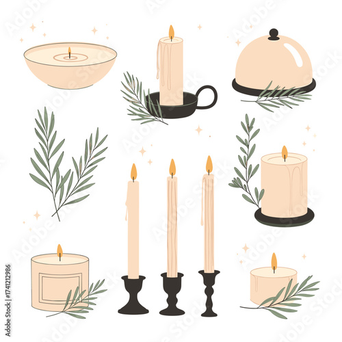 A collection of elegantly designed candles in various shapes and holders adorned with subtle botanical elements.