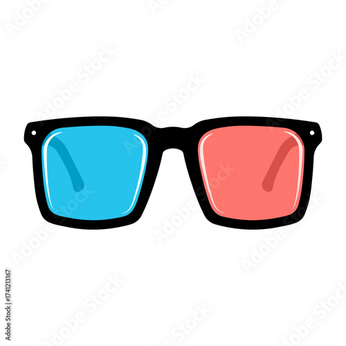Illustration of 3D glasses with blue and red lenses without background