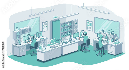 Futuristic tech office with engineers using computers and robots