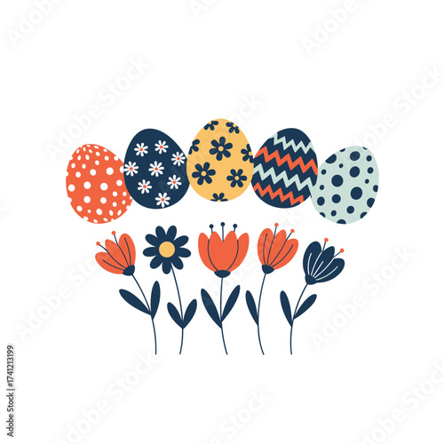 A vibrant collection of decorated easter eggs and colorful spring flowers creates a festive holiday scene.
