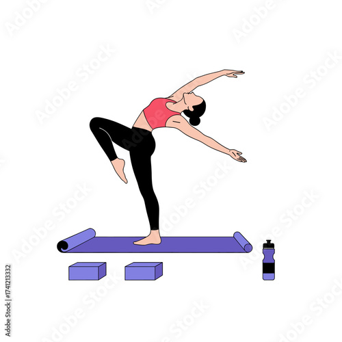 A woman practicing a yoga pose on a mat with blocks and a water bottle nearby.