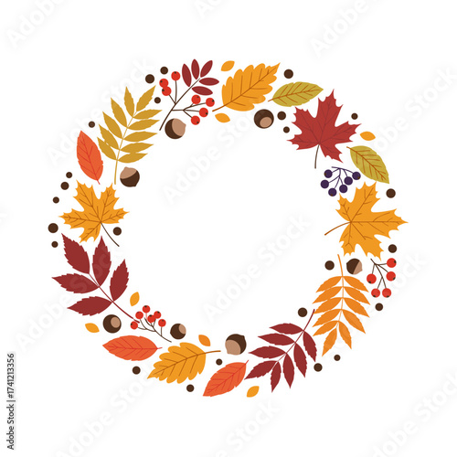 A circular wreath composed of autumn leaves berries and acorns in various warm colors.