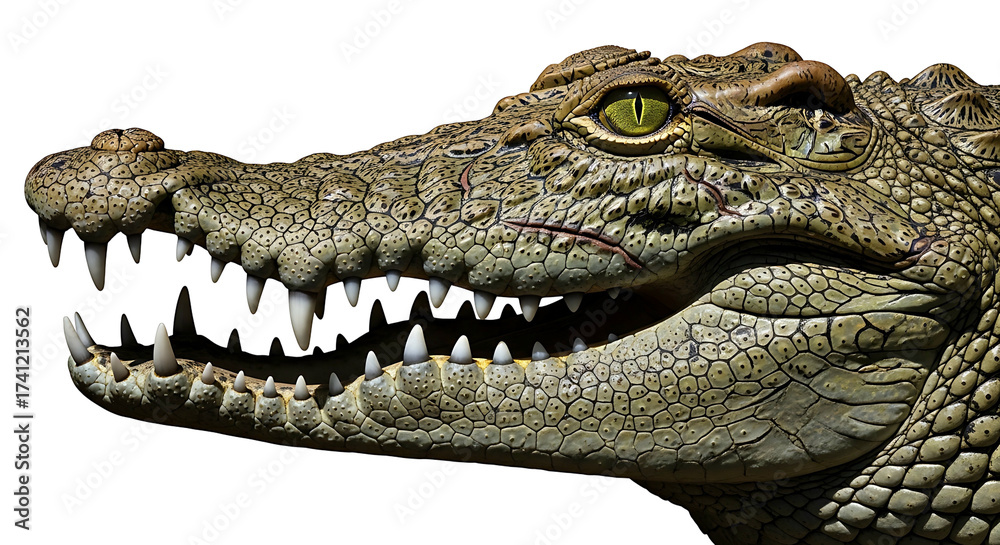 Fototapeta premium Closeup of a powerful crocodile head with sharp teeth and intense eyes.