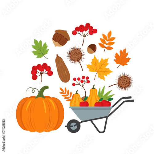 A bountiful harvest of autumn fruits vegetables and leaves with a pumpkin and wheelbarrow.