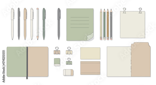 Minimalist office supplies set with notebooks, pens, and paper clips in soft…