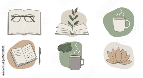 Cozy minimalist icons of books, mugs, and nature for relaxation and study themes