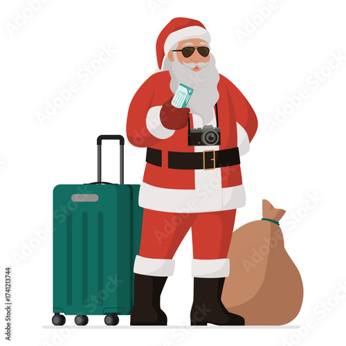 Smiling cool Santa Claus traveling and going on vacation
