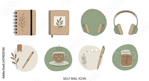 Cozy minimalist icons featuring notebooks, headphones, and tea in earth tones