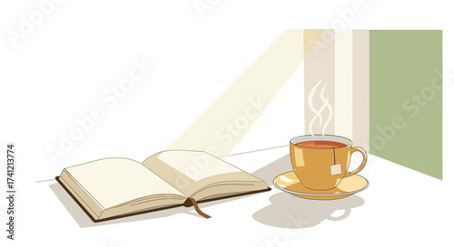 Cozy morning with open book and steaming tea cup in sunlit room