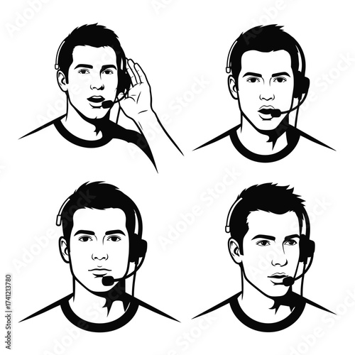 Set of four diverse headshots of a man wearing a headset with microphone for communication and gaming silhouette