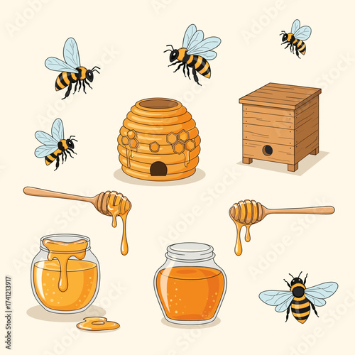 Illustration of bees honeycombs honey jars and spoons dripping with honey.