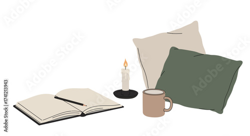 Cozy home scene with open journal, candle, pillows, and mug