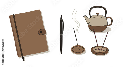 Cozy bohemian elements: notebook, pen, teapot, and incense on white background