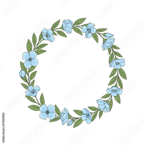 A beautiful circular wreath of light blue flowers and green leaves is depicted.