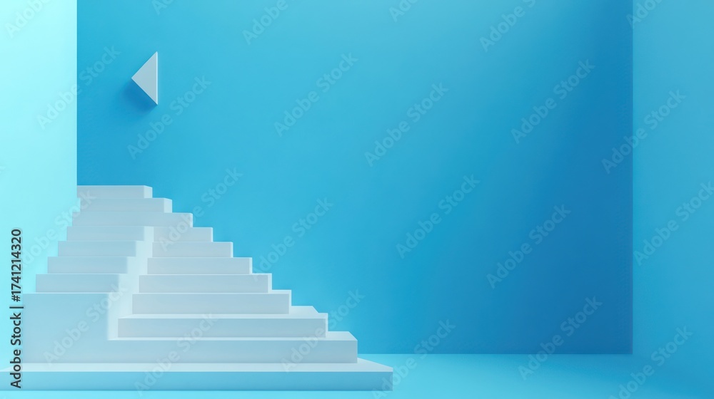 Fototapeta premium White stairs ascending blue wall, minimalist room