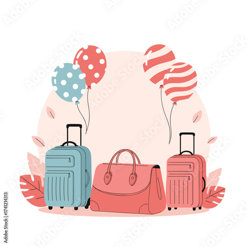 Decorative travel luggage and balloons for a celebration or holiday.