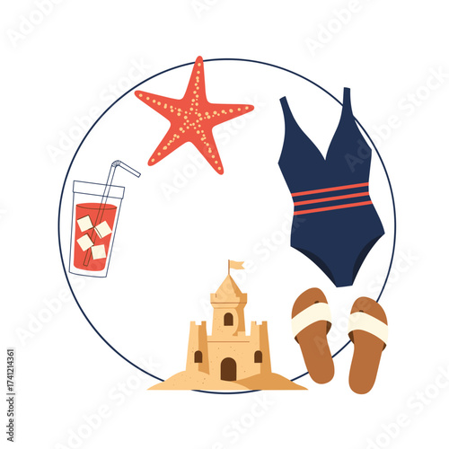 Summer beach vacation essentials including a swimsuit a sandcastle and refreshing drink.