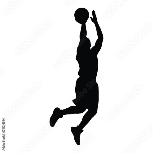 Dynamic silhouette of a basketball player in mid-air shooting the ball capturing athleticism silhouette
