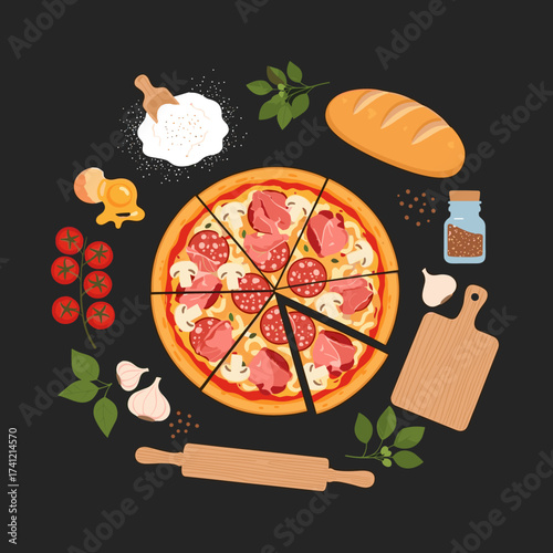 A delicious pizza with fresh ingredients arranged in a circle on a dark background.