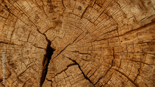 Close-Up of Cracked Tree Stump Cross-Section Revealing Annual Growth Rings in Rich Brown Tones for Natural Texture Background