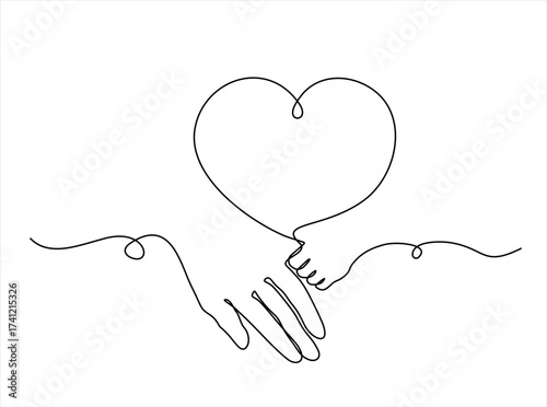 Continuous one line drawing of  mother and child hands. One line drawing of adult and young palm hand holding with love. Hand drawn one line vector. Editable stroke.	