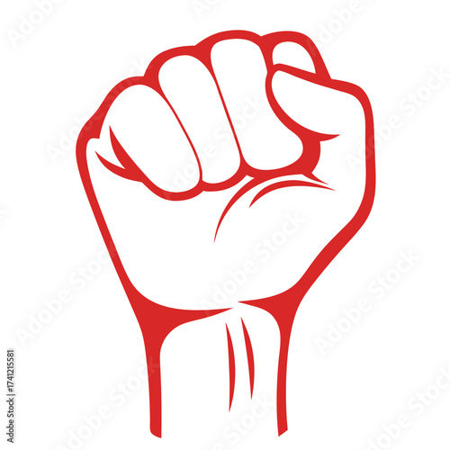 Red fist raised in protest against white background power