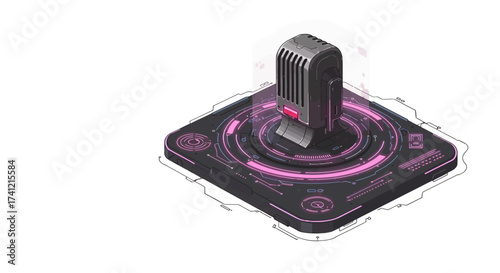 Futuristic isometric tech device with neon glow on digital platform