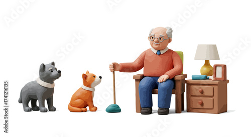 Elderly man with dogs in cozy room setting with warm tones and ceramic sculpt…