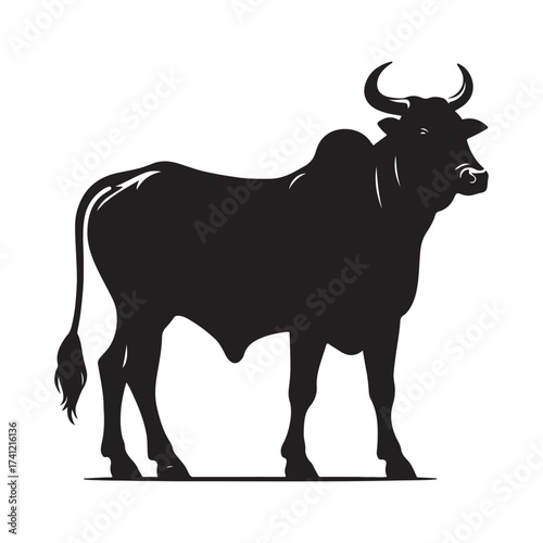 Silhouette of a majestic bull with prominent horns standing on a grassy field