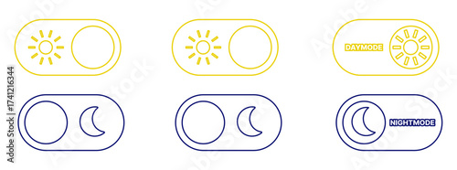 Day and night toggle switch icons set. Collection of on off. Sun and Moon icons for dark light mood. Dark mode and light mode switch button for website and mobile app. day night modes switch isolated