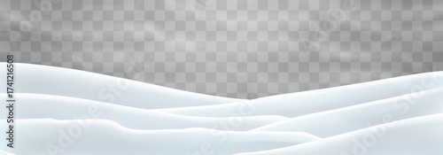 Vector snowdrifts isolated on png background. Snow landscape decoration, frozen hills. Empty snowbanks field. Christmas vector illustration. Transparent background.