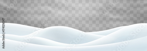 Vector snowdrifts isolated on png background. Snow landscape decoration, frozen hills. Empty snowbanks field. Christmas vector illustration. Transparent background.