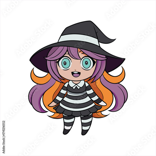 Adorable Kawaii Witch Character with Purple Hair and Striped Outfit—Cute Halloween Illustration for Magical and Festive Designs. Ideal for merchandise, apparel prints, greeting cards, social media 