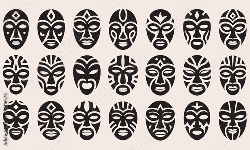 Collection of black tribal masks with varied facial features and headdresses on a light beige background