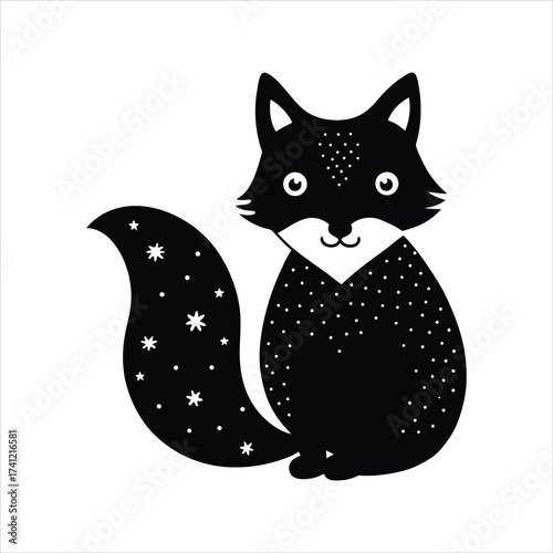 Charming Black Fox with Starry Tail Sitting Calmly—Whimsical Woodland Creature Illustration for Fantasy and Children’s Designs. Ideal for apparel prints, stationery, nursery decor, merchandise