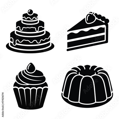 Four delicious dessert icons a multi tiered cake slice cupcake and bundt cake representing sweet treats silhouette