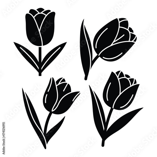 Set of four black tulip silhouettes with stems and leaves for decorative floral designs and spring themes silhouette