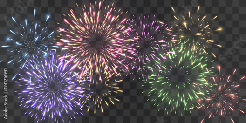 Festive fireworks with brightly shining sparks. New Year's Eve fireworks. Realistic sparks and explosions. Colorful pyrotechnics show. Vector isolated on png background.