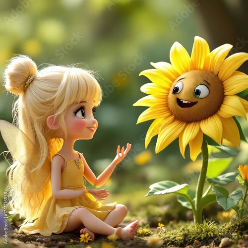 Cute Fairy Girl Sitting with Smiling Sunflower – 3D Cartoon Style