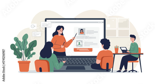 Online team collaboration with video call and virtual workspace concept