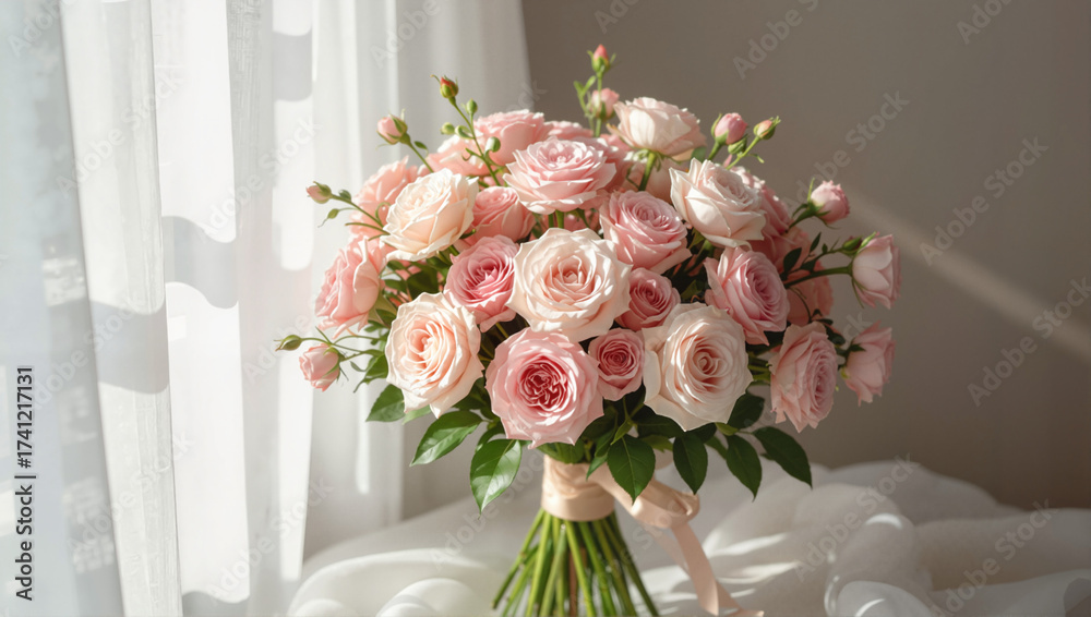 Obraz premium Pink Rose Bouquet in Vase by Window Light